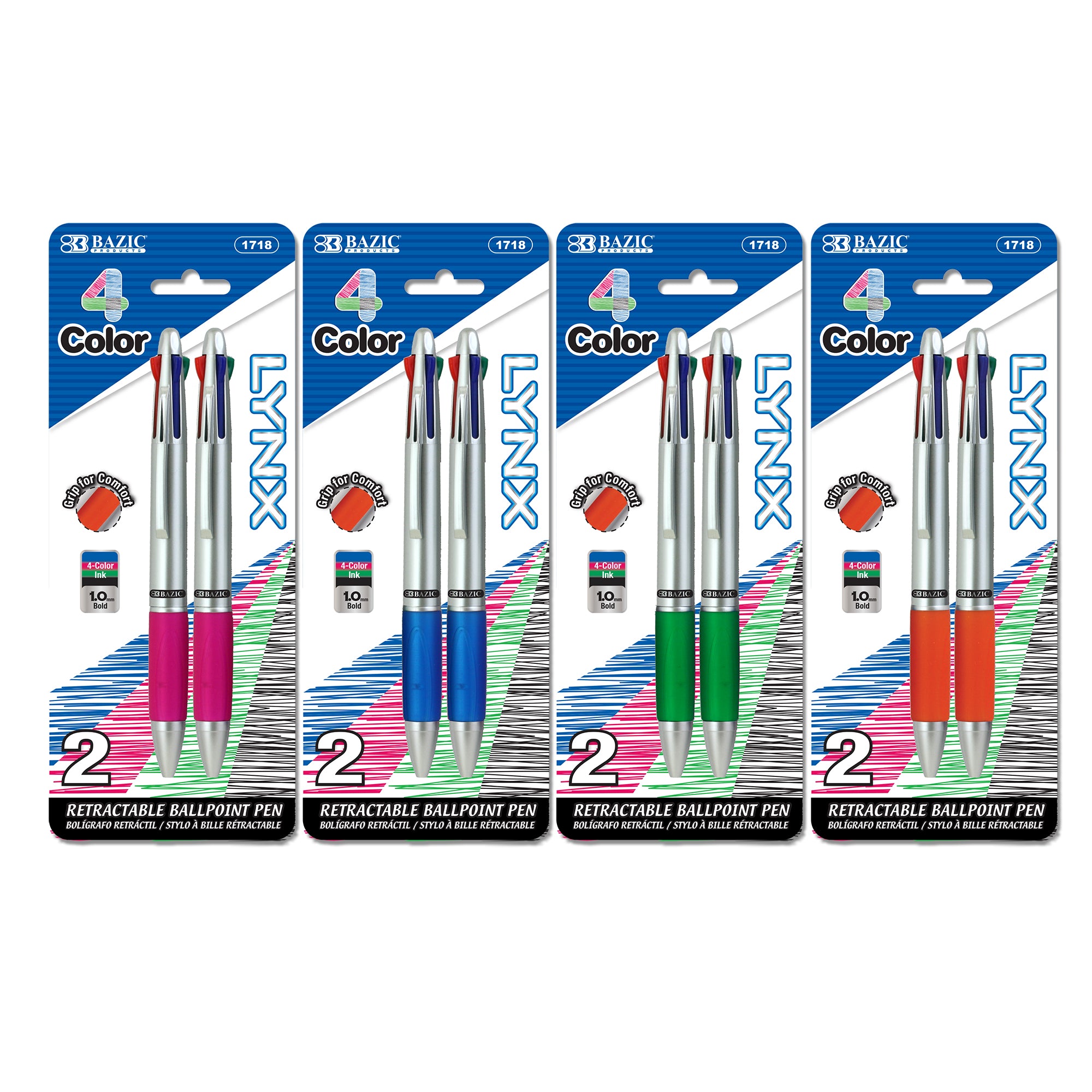 Silver Top 4-Color Pen w/ Cushion Grip (2/Pack)