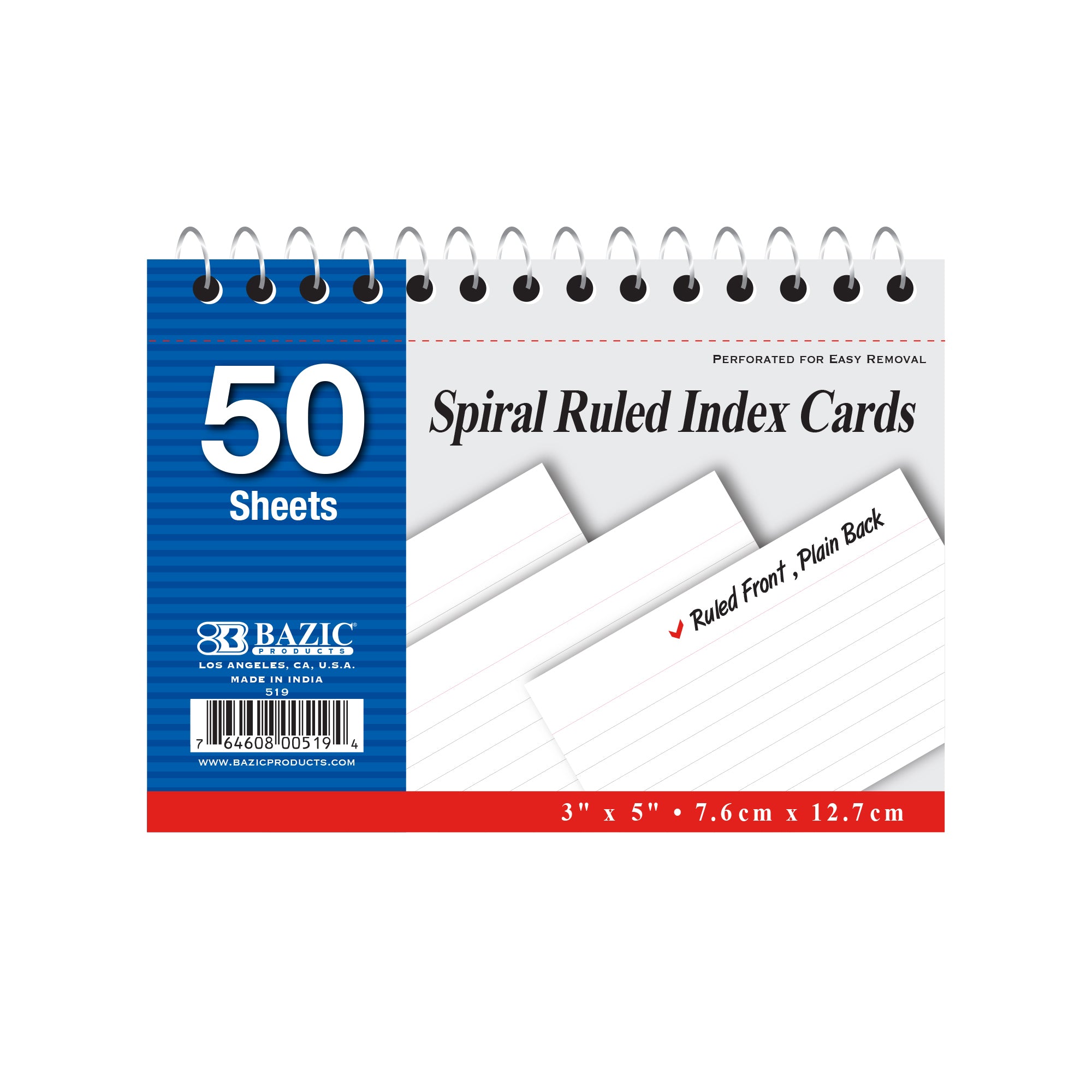 Ruled White Index Card Spiral Bound 3" X 5" 50 Ct.
