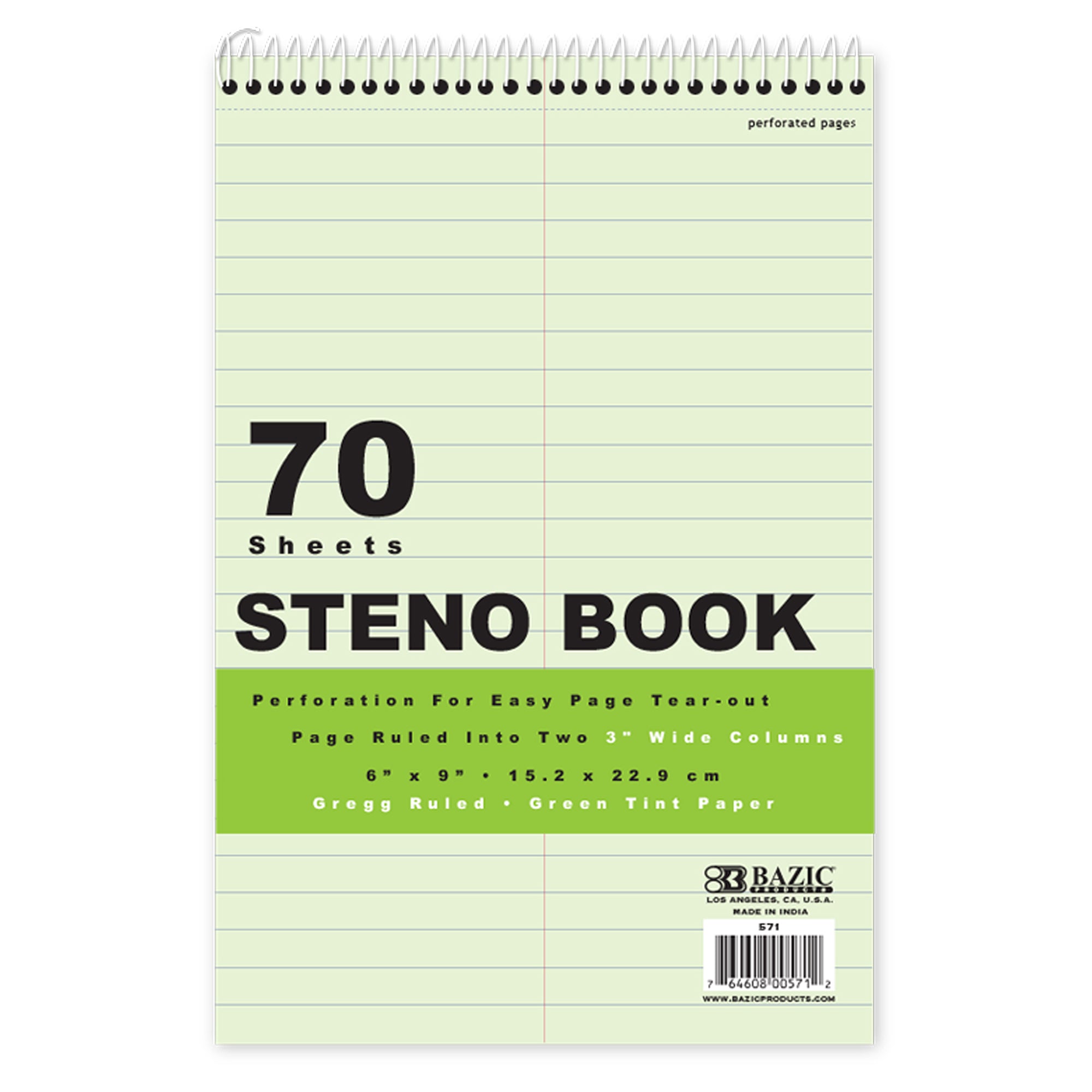 Steno Book Ruled Green Tint GreggSteno Book Ruled Green Tint Gregg 6" X 9" 70 Ct. 6" X 9" 70 Ct.